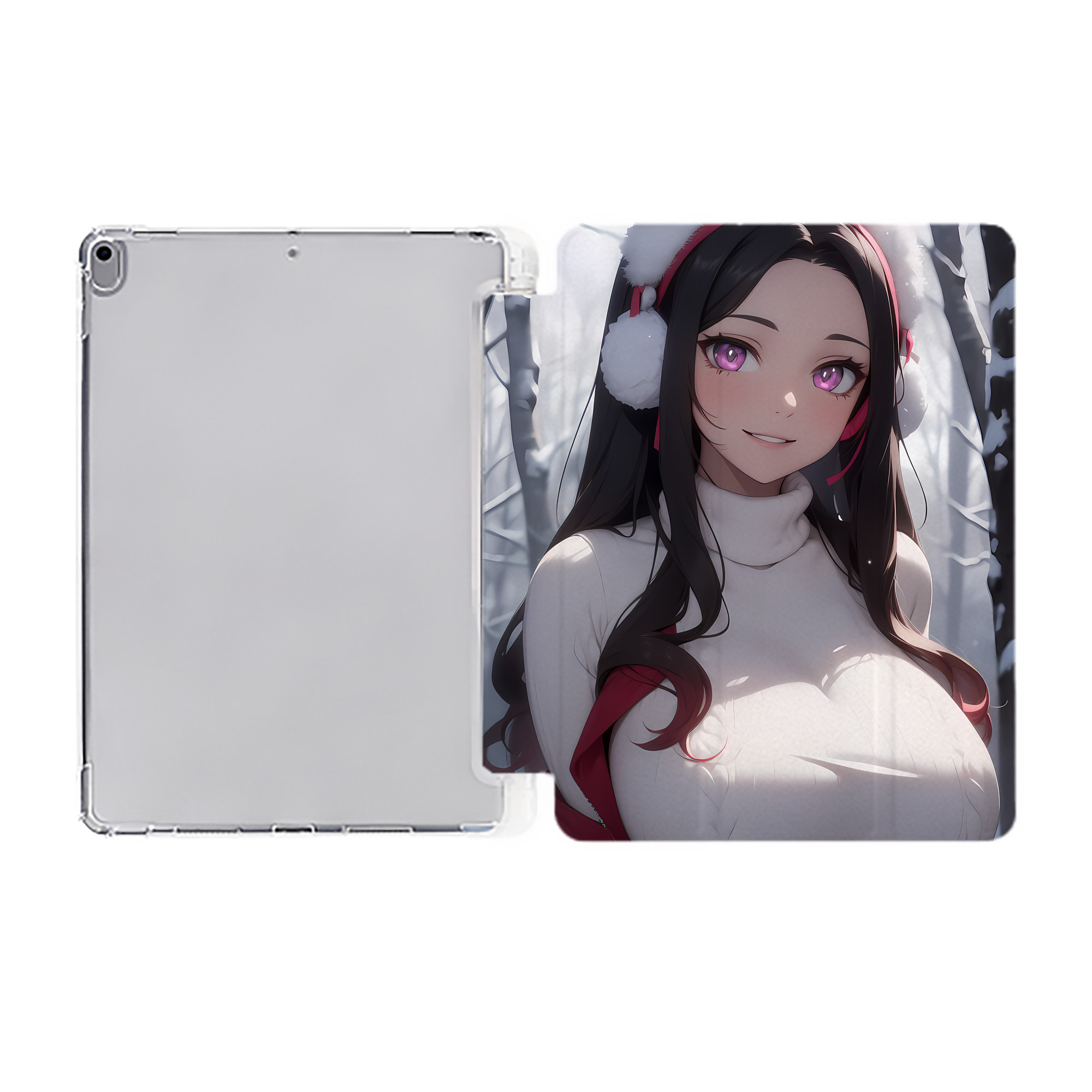 （画像用） 鬼滅の刃（きめつのやいば）竈門 禰󠄀豆子／かまど ねずこ Kamado Nezuko IPad ケース ペン収納付き 三つ折りスタンド PUレザー×シリコン 対応機種9.5/10.5/10.9インチ